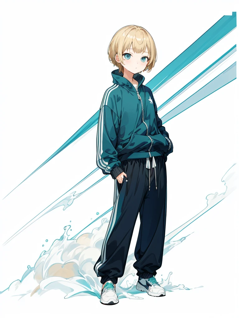 Black shorts、Turquoise Eyes、whole body、Navy blue tracksuit、Black shorts、Dynamic Napause、Blonde Hair、Girl's Room、Navy blue tracksuit、Blonde Hair、Shortcuts、Side hair is curled inward、Curly hair along the jawline、Navy blue jersey_White line with thin yellow border from shoulder to wrist、Black shorts、
