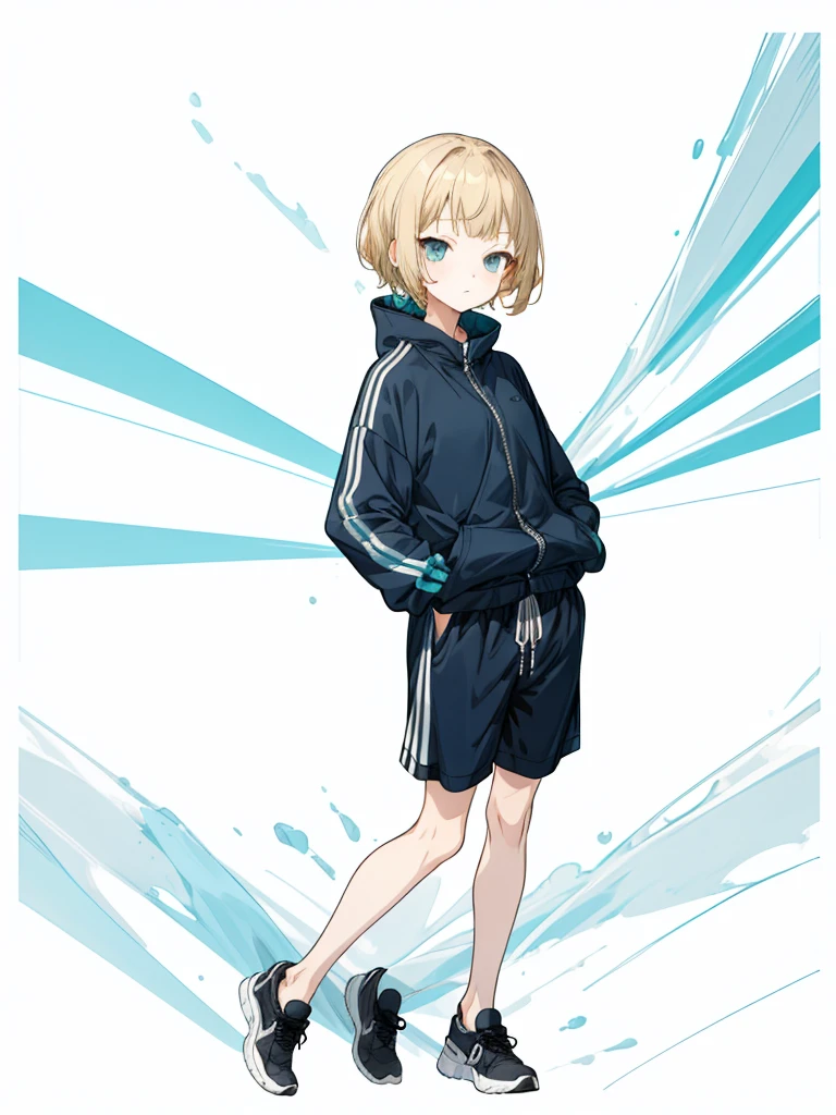 Black shorts、Turquoise Eyes、whole body、Navy blue tracksuit、Black shorts、Dynamic Napause、Blonde Hair、Girl's Room、Navy blue tracksuit、Blonde Hair、Shortcuts、Side hair is curled inward、Curly hair along the jawline、Navy blue jersey_White line with thin yellow border from shoulder to wrist、Black shorts、
