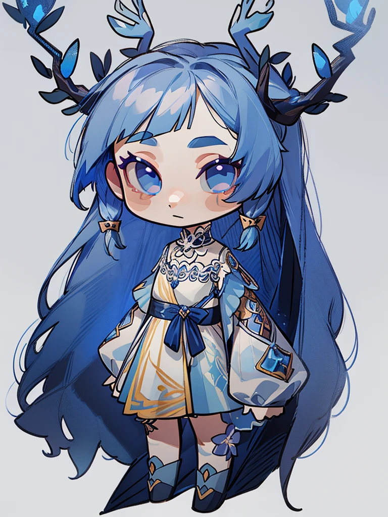 chibi, virtual youtuber model, front facing, full body, solo, masterpiece, best quality, extremely detailed, detailed background, detailed face, 1girl, pale skin, long blue hair, deer ears, white deer horns, white elegant dress, blue flower, good finger, perfect face, intricate details, mystical forest theme