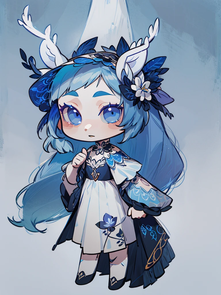 chibi, virtual youtuber model, front facing, full body, solo, masterpiece, best quality, extremely detailed, detailed background, detailed face, 1girl, pale skin, long blue hair, deer ears, white deer horns, white elegant dress, blue flower, good finger, perfect face, intricate details, mystical forest theme