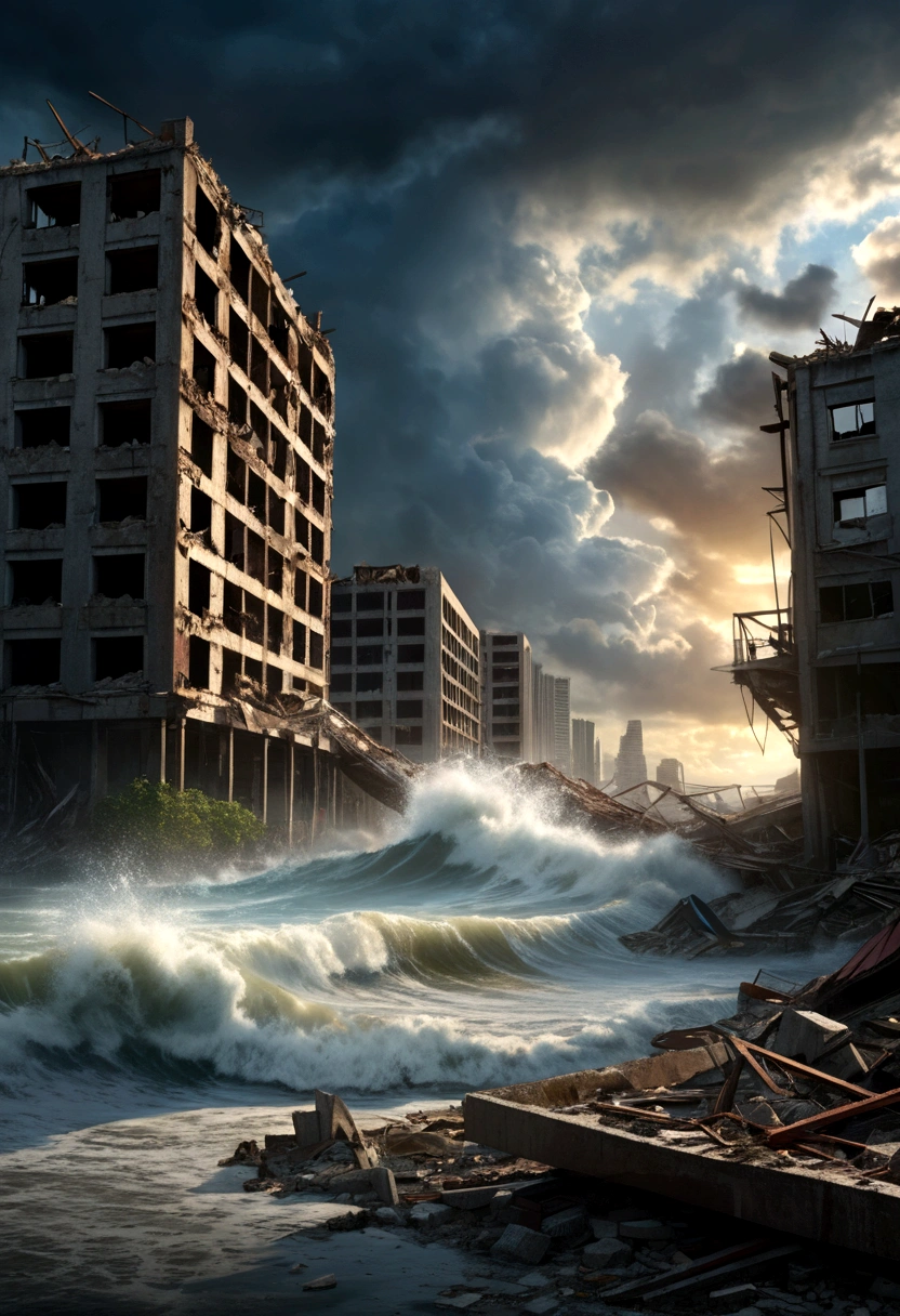 a post-apocalyptic scene of a ruined city destroyed by a natural disaster, a massive tidal wave or tsunami, dramatic clouds in the sky, crumbling buildings, debris floating in the water, a sense of desolation and abandonment, (best quality,4k,8k,highres,masterpiece:1.2),ultra-detailed,(realistic,photorealistic,photo-realistic:1.37),dramatic lighting,moody colors,cinematic composition,desolate cityscape,crashing waves,destroyed infrastructure,floating debris,ominous clouds,post-apocalyptic,environmental disaster,end of the world