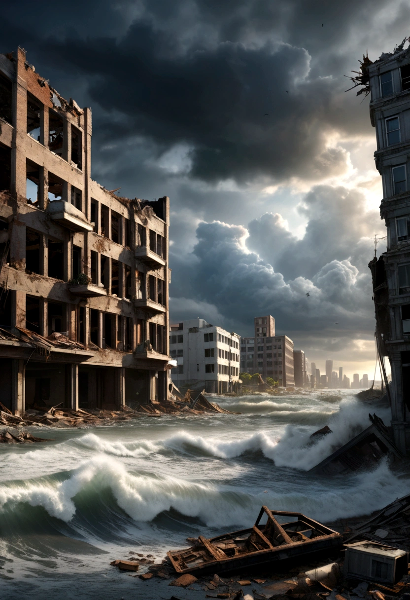 a post-apocalyptic scene of a ruined city destroyed by a natural disaster, a massive tidal wave or tsunami, dramatic clouds in the sky, crumbling buildings, debris floating in the water, a sense of desolation and abandonment, (best quality,4k,8k,highres,masterpiece:1.2),ultra-detailed,(realistic,photorealistic,photo-realistic:1.37),dramatic lighting,moody colors,cinematic composition,desolate cityscape,crashing waves,destroyed infrastructure,floating debris,ominous clouds,post-apocalyptic,environmental disaster,end of the world