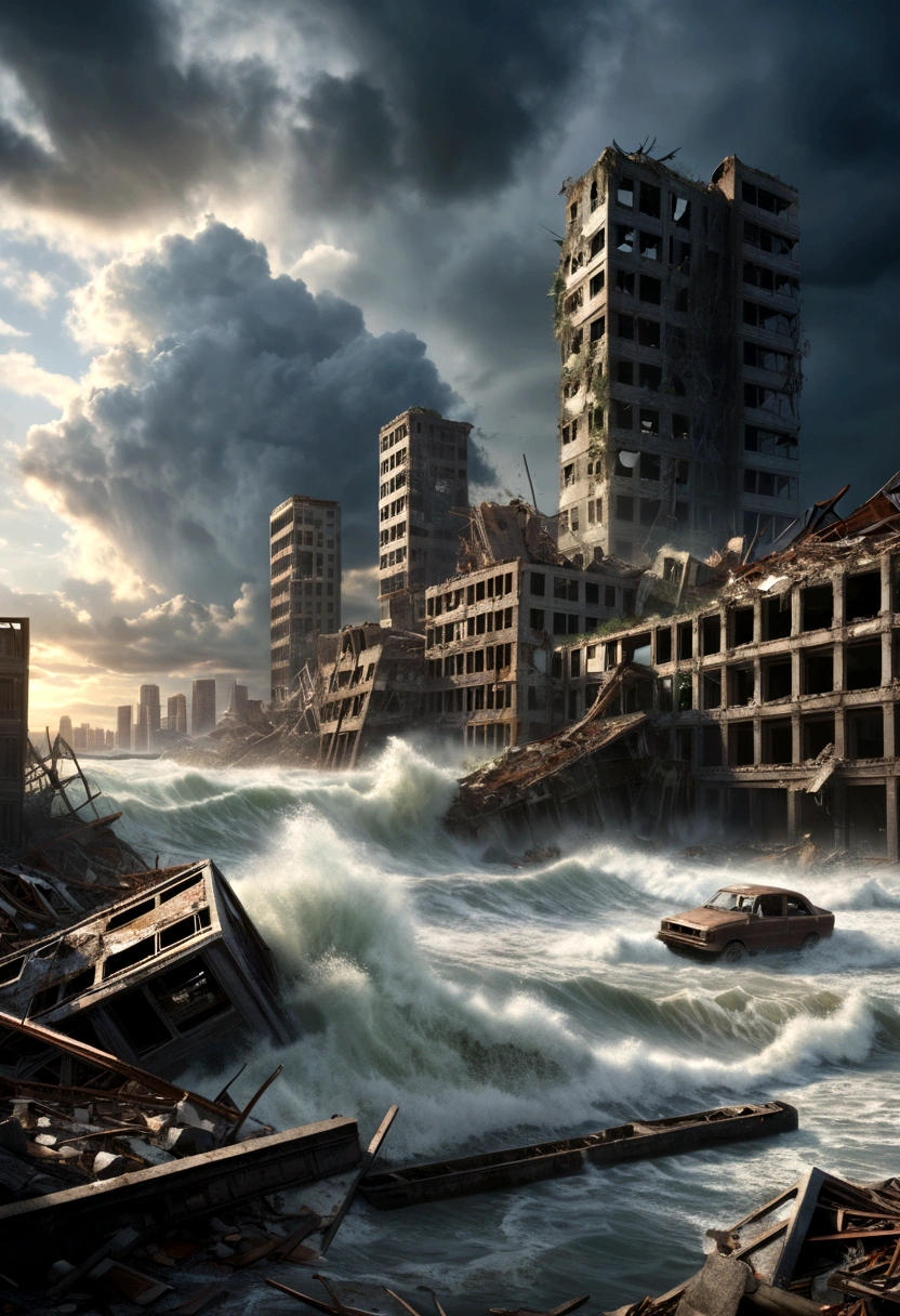 a post-apocalyptic scene of a ruined city destroyed by a natural disaster, a massive tidal wave or tsunami, dramatic clouds in the sky, crumbling buildings, debris floating in the water, a sense of desolation and abandonment, (best quality,4k,8k,highres,masterpiece:1.2),ultra-detailed,(realistic,photorealistic,photo-realistic:1.37),dramatic lighting,moody colors,cinematic composition,desolate cityscape,crashing waves,destroyed infrastructure,floating debris,ominous clouds,post-apocalyptic,environmental disaster,end of the world