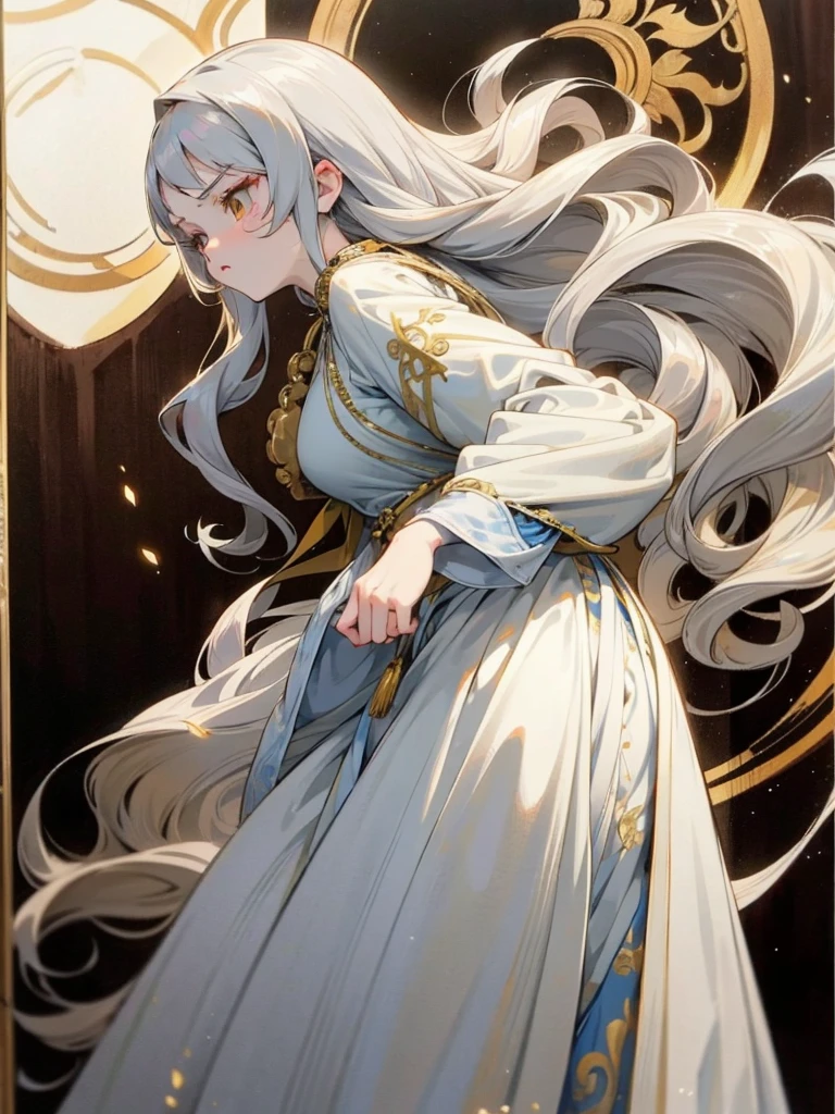 white girl, anime style, gold eyes, silver hair with golden touches, long wavy hair, intimidating expression, slim, 15 year old girl, very beautiful, long white traditional greek dress with long sleeves, loose hair,