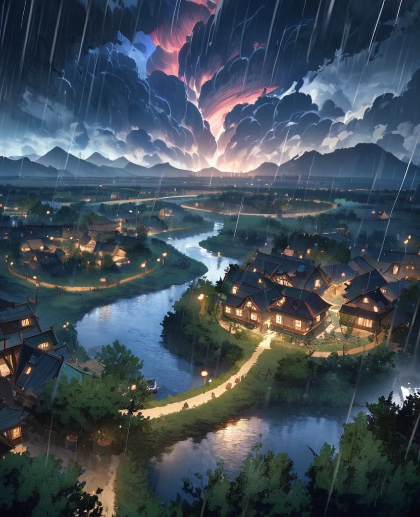 masterpiece、highest quality、High definition、anime、1910s Europe town, lughts、Fantasy、night、((wide tornado approaching, heavy rain))、rain, swamp, willow trees, flowers, windy, scene of urgent panic, from above,