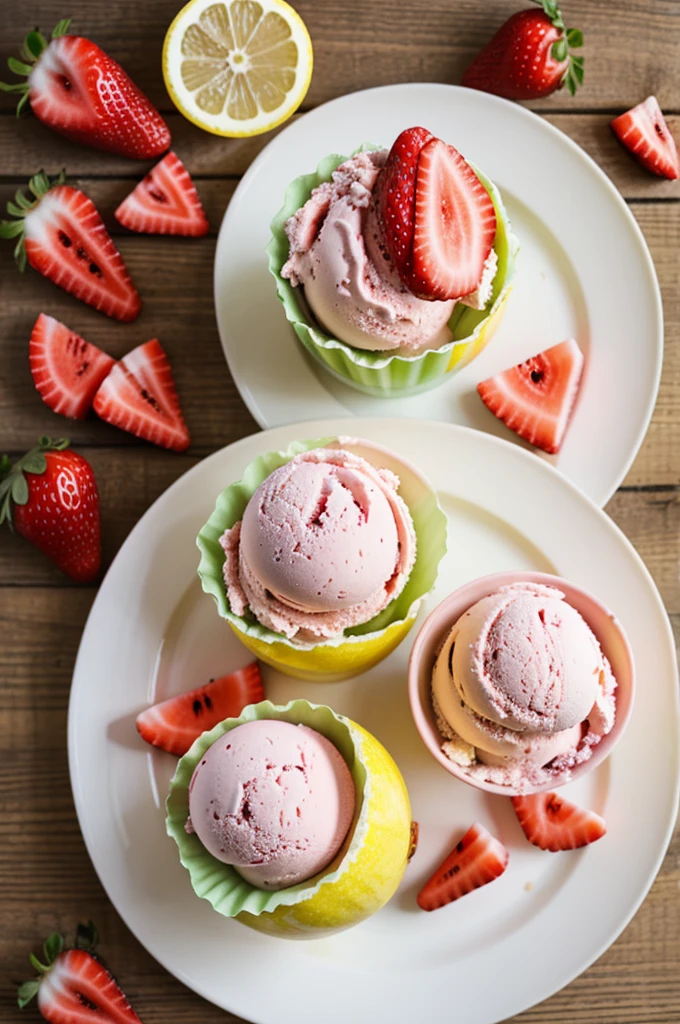 watermelon ice cream, lemon and strawberry