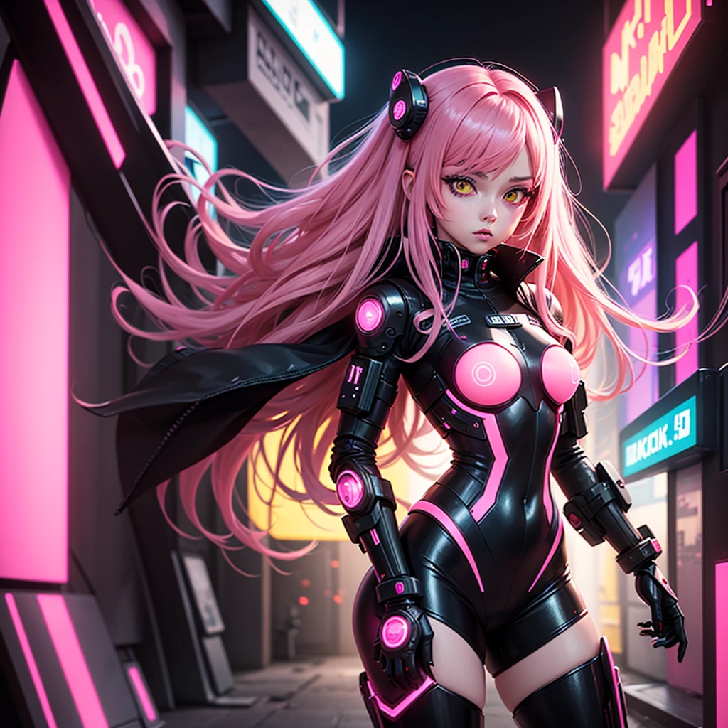 Lonely Android Girl with long pink hair in a pink suit with small yellow elements woman half cyborg modification Beautiful sexy with bright yellow eyes stands in full height with a half turn sideways Anime Style black background Cyberpunk style, Robot Girl, black background image of night black city and pink neon lights
