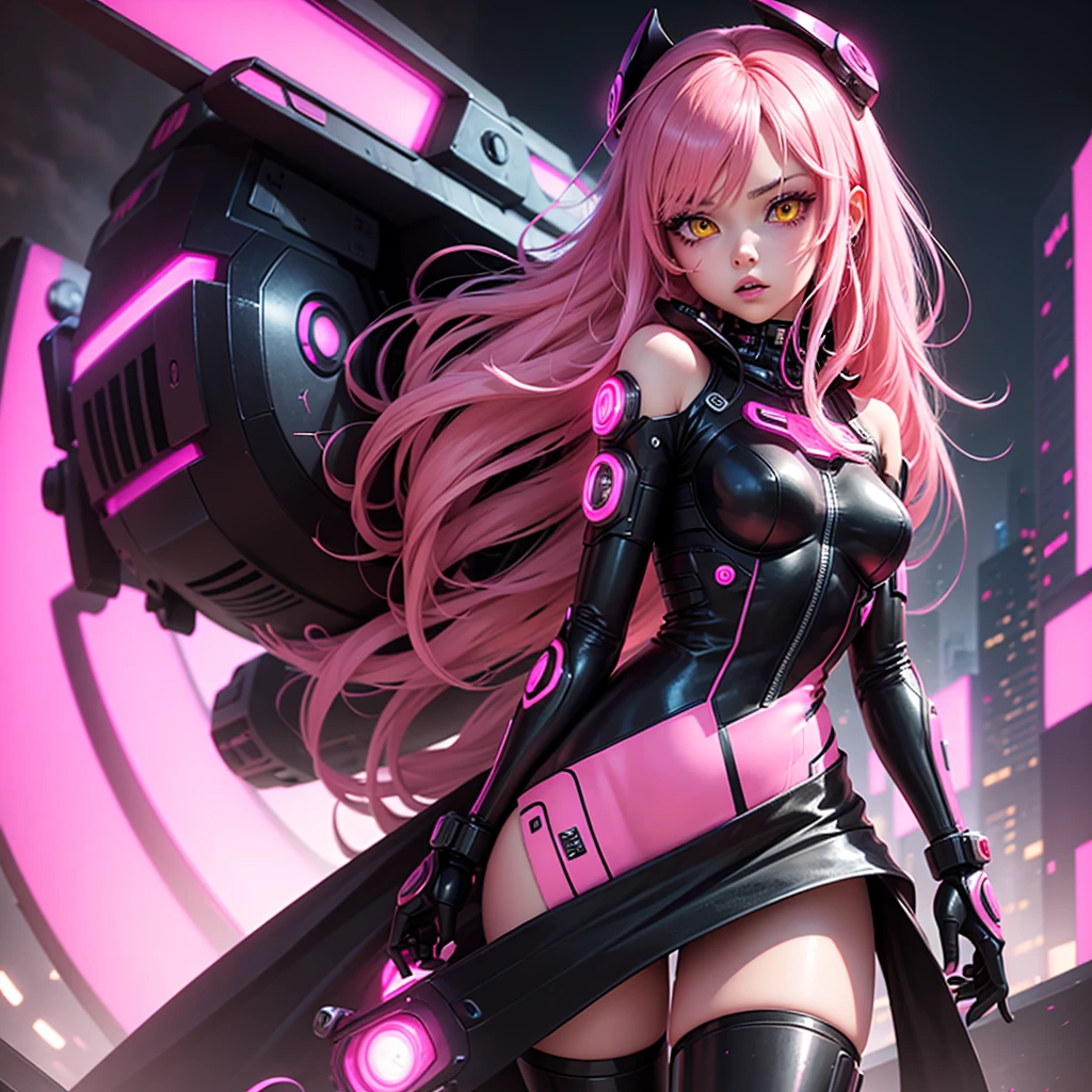 Lonely Android Girl with long pink hair in a pink suit with small yellow elements woman half cyborg modification Beautiful sexy with bright yellow eyes stands in full height with a half turn sideways Anime Style black background Cyberpunk style, Robot Girl, black background image of night black city and pink neon lights