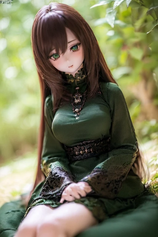 (SFW:2), photorealistic, realistic photo, ((highest quality)), ((masterpiece)), (extremely detailed), kukolnydom, doll, (mature woman:1.7), solo, eye level shot, sitting on sofa, hands on knees, brown hair, green eyes, (looking down, blank eyes, empty eyes, detailed eyes, detailed face:1.3), light smile, dress, museum, 8k