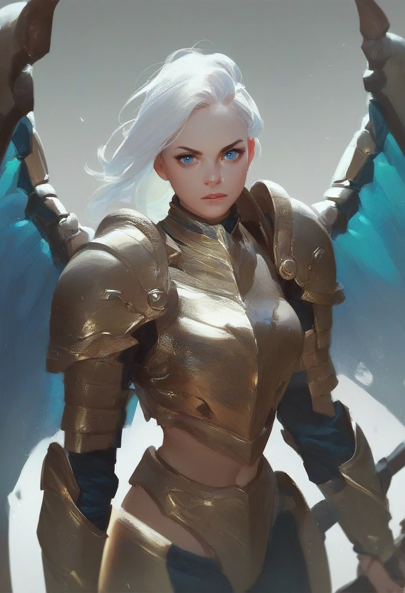 check_9, check_8_up, check_7_up, check_6_up, check_5_up, check_4_up,1 girl, armor, Weapon, wings, One, shoulder armor, Blue eyes, shoulder pads, White hair, Looking at the viewer, power armor