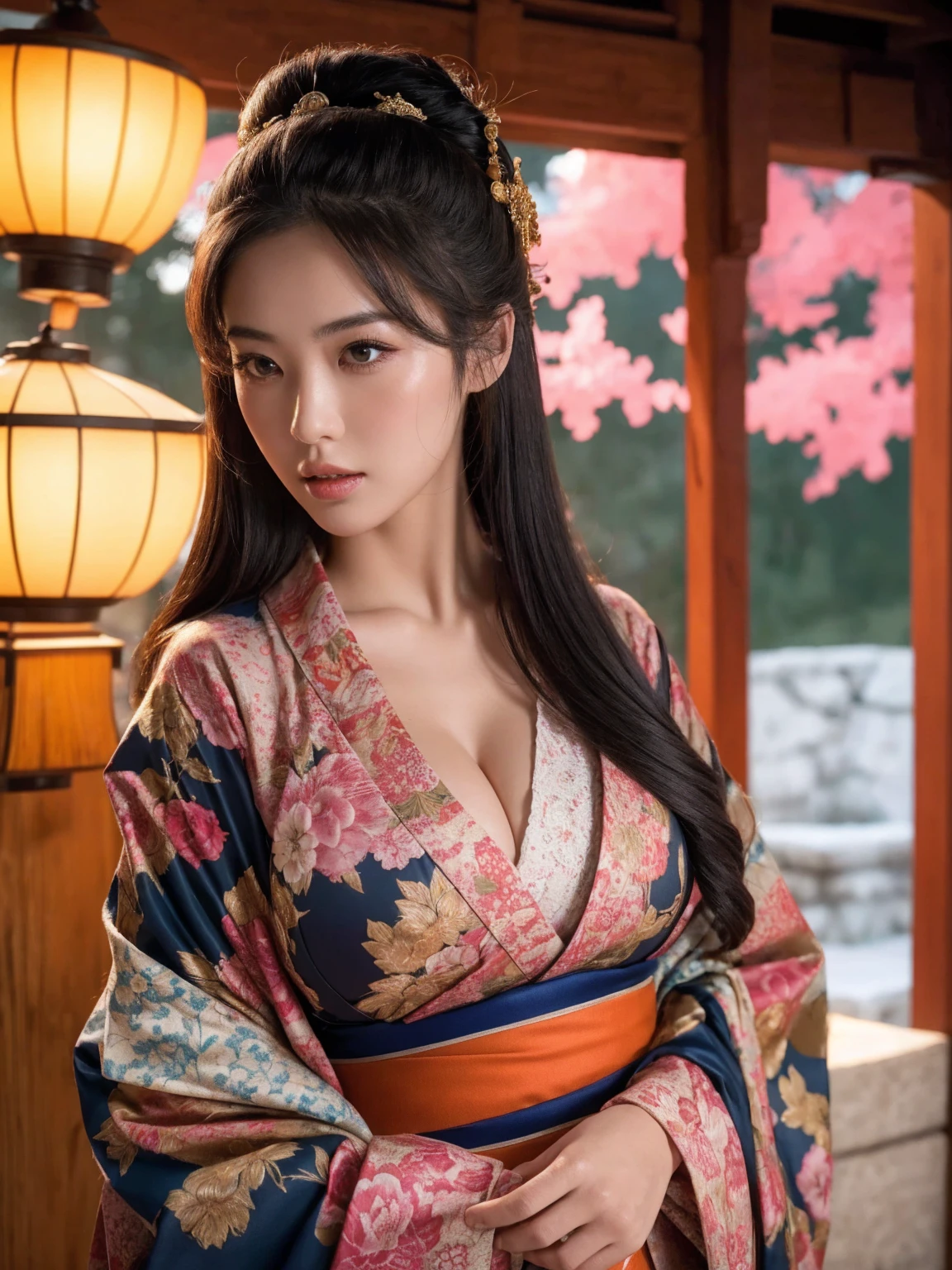 big breasted japanese woman in elaborate kimono, ornate shrine, cinematic atmosphere, (best quality,4k,8k,highres,masterpiece:1.2),ultra-detailed,(realistic,photorealistic,photo-realistic:1.37),(looking at viewer),highly detailed face,beautiful detailed eyes,beautiful detailed lips,extremely detailed eyes and face,long eyelashes,intricate kimono design,ornate shrine background,warm lighting,dramatic shadows,vibrant colors,photorealistic