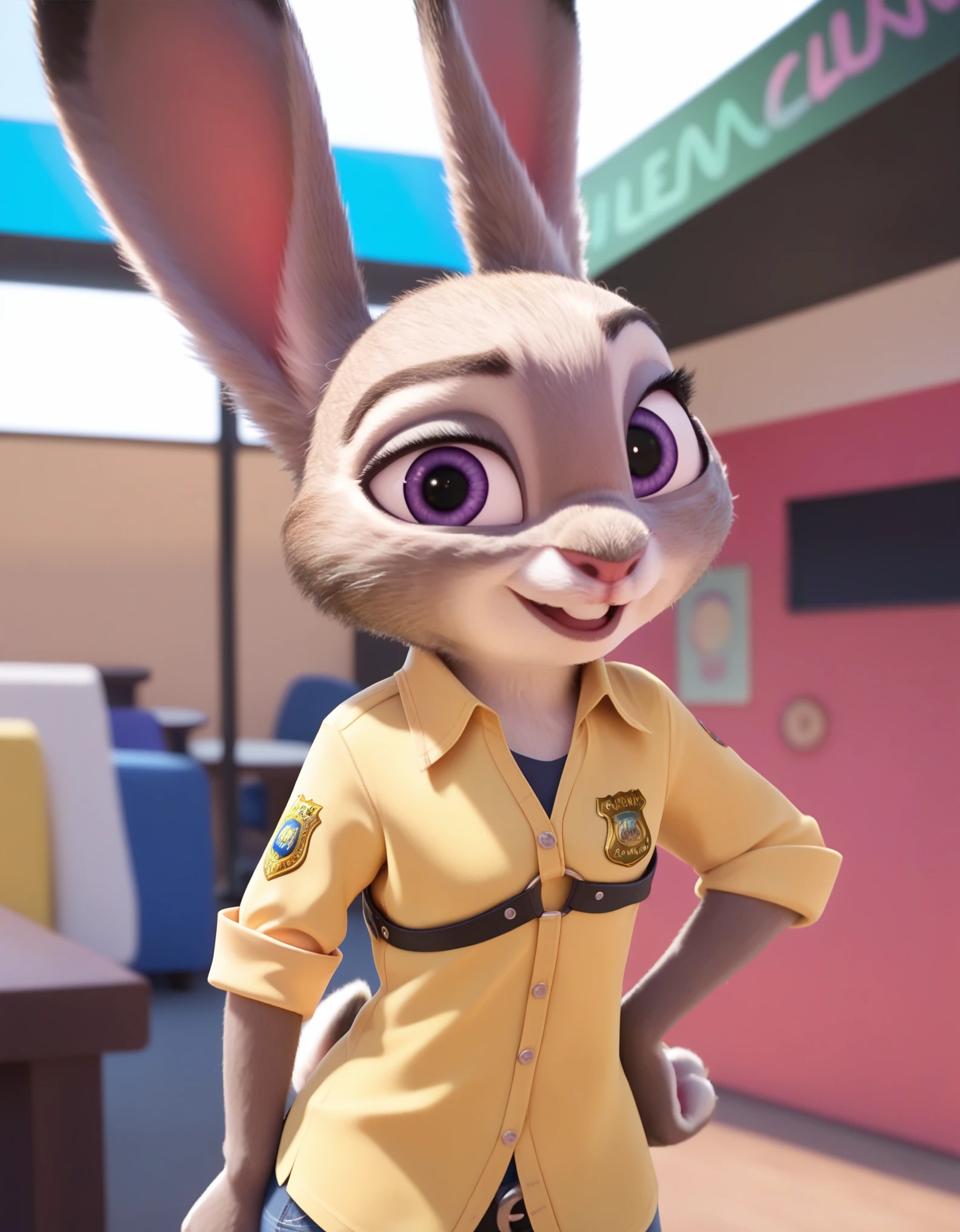 anthro, rabbit, sheath, judyhopps,, zootopia, standing, looking at viewer, nightclub, leather clothing, harness,