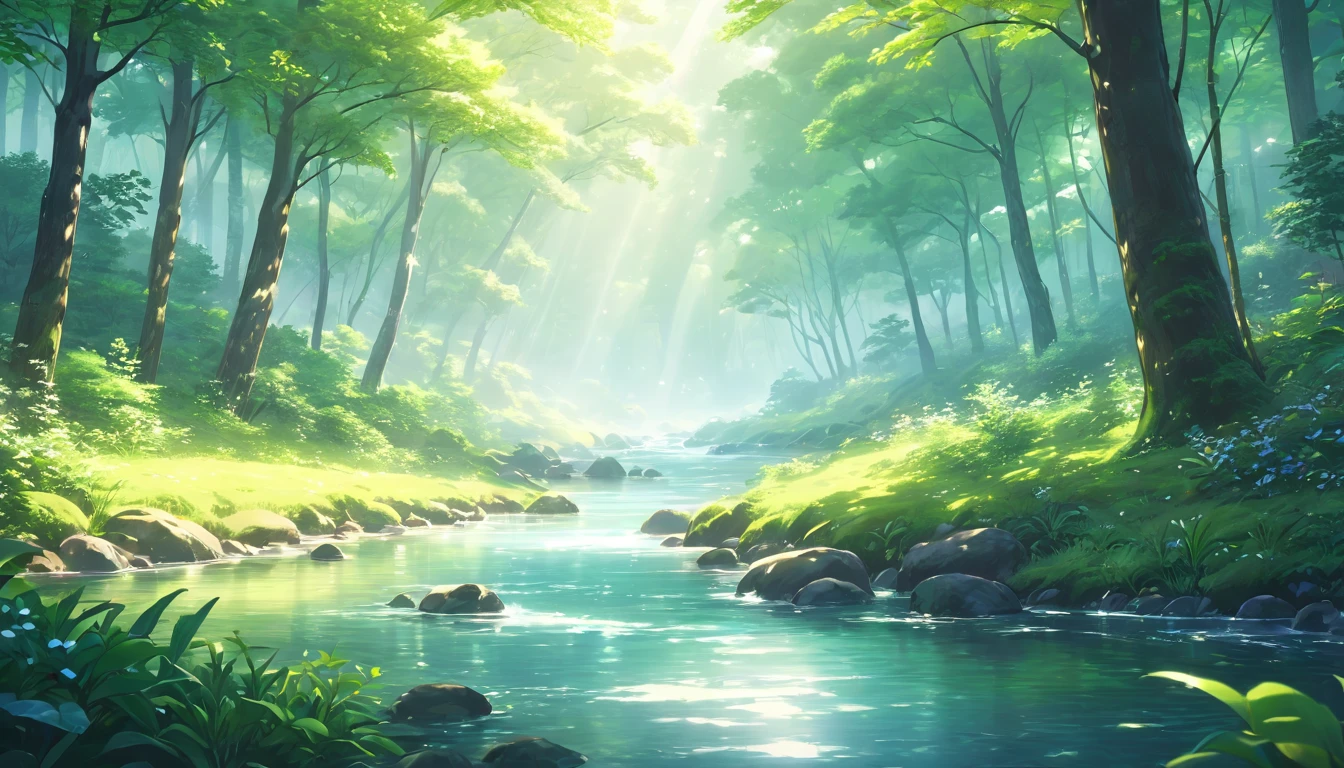 a beautiful lush forest, a serene flowing spring, rippling water, elegant anime style, detailed ethereal lighting, soft pastel colors, cinematic composition, vibrant fantasy landscape, intricate detail, masterpiece, photorealistic, 8k, highres, (best quality,4k,8k,highres,masterpiece:1.2),ultra-detailed,(realistic,photorealistic,photo-realistic:1.37)