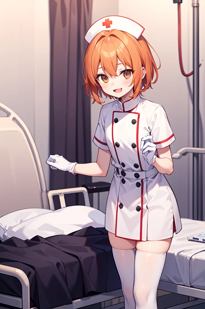 1boy, solo, male focus, nurse, white nurse cap, white nurse uniform, ((white legwear, zettai ryouiki)), white gloves, short hair, orange hair, smile, open mouth, standing, ((hospital room)), sharp outline, short sleeves, shota, 12 years old, best quality, masterpiece