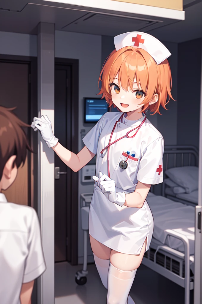 1boy, solo, male focus, nurse, white nurse cap, white nurse uniform, ((white legwear, zettai ryouiki)), white gloves, short hair, orange hair, smile, open mouth, standing, ((hospital room)), sharp outline, short sleeves, shota, , best quality, masterpiece