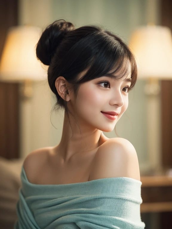 （Fluorescent Color：1.4），（translucent：1.4），（Retro filter：1.4），（strange：1.4），（Photo of a woman，1 girl：1.2），Off-shoulder，light, Smile,Short hair details，Black shawl straight hair，Side Bangs，Bun hairstyle，High-resolution details、Very detailed、light、Surrealism、Soft Light、Deep field focus bokeh，It&#39;s a perfect face，Pretty Face，beautiful eyes，（（Perfect female body）），Pale pink sky，Green and blue luster，Elegant light powder，Wonderful rainbow glow、Star，diamond sparkles，Gemstone background，(Hyperrealism)、(Super quality)、light，Rich in details，Full HD，Plenty of lighting，