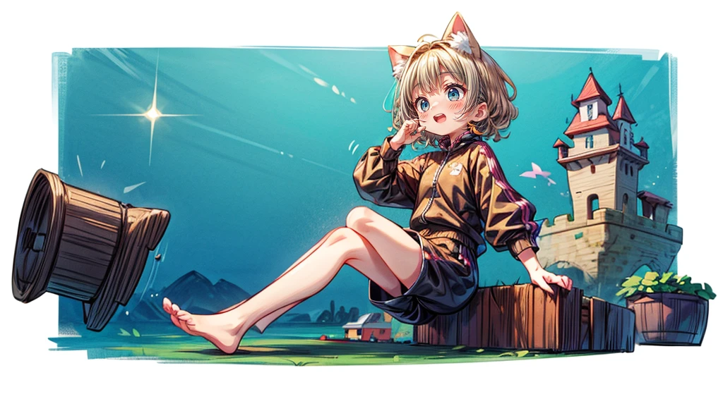 Dynamic pose、look up、short hair、Cat ear、Flying Castle, Full of air,One girl、Big smile、Blonde Hair、short hair、Side hair is curled inward、Curly hair along the jawline、紺色のTracksuits_White line from shoulder to wrist、Black shorts、barefoot、Tracksuits、Turquoise Eyes