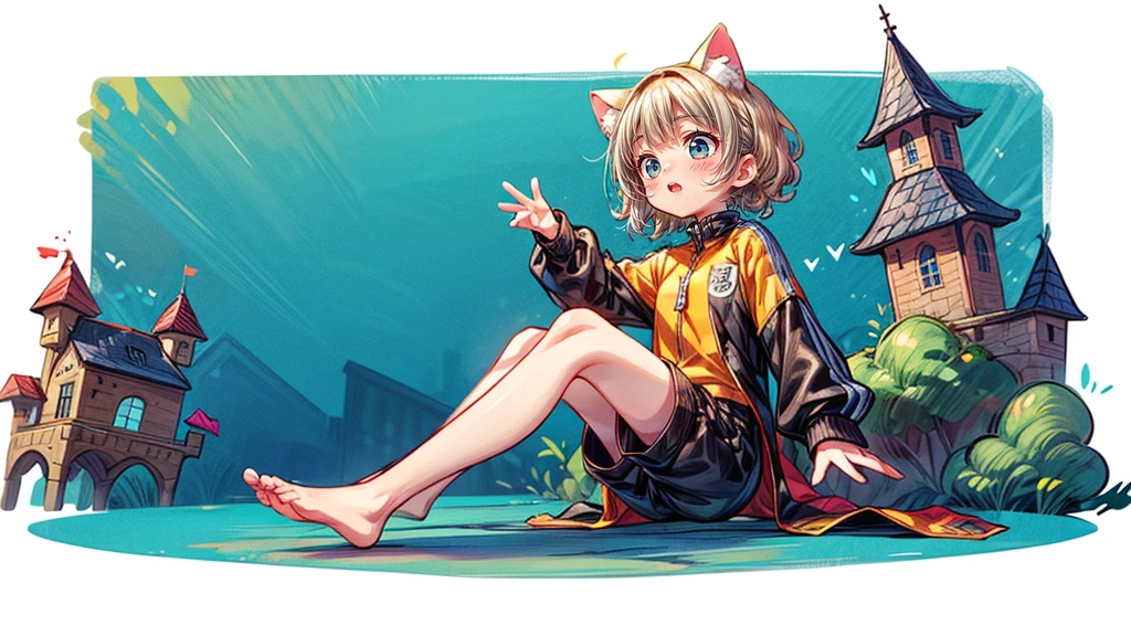 Dynamic pose、look up、short hair、Cat ear、Flying Castle, Full of air,One girl、Big smile、Blonde Hair、short hair、Side hair is curled inward、Curly hair along the jawline、紺色のTracksuits_White line from shoulder to wrist、Black shorts、barefoot、Tracksuits、Turquoise Eyes
