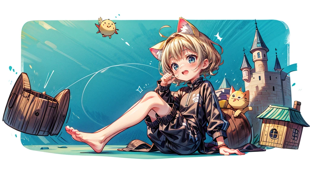 Dynamic pose、look up、short hair、Cat ear、Flying Castle, Full of air,One girl、Big smile、Blonde Hair、short hair、Side hair is curled inward、Curly hair along the jawline、紺色のTracksuits_White line from shoulder to wrist、Black shorts、barefoot、Tracksuits、Turquoise Eyes