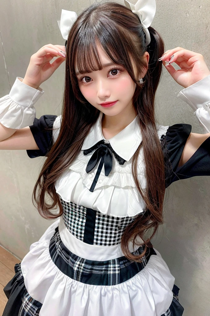 (8K, 4K, Best Quality, High Definition, Ultra High Definition: 1.1), (Masterpiece, Realistic, Photorealistic: 1.1), 1girl, Japanese woman, model's expression, Smooth, straight black hair with bangs, large expressive eyes with a hint of eyeliner, clear fair skin with a natural glow, a friendly warm smile with straight white teeth, wearing a stylish dress with a white collar and black bow featuring a checkered pattern, posing with hands raised near the face displaying a cheerful and approachable demeanor, ensure the overall look is appealing to a wide audience while maintaining elegance and beauty.