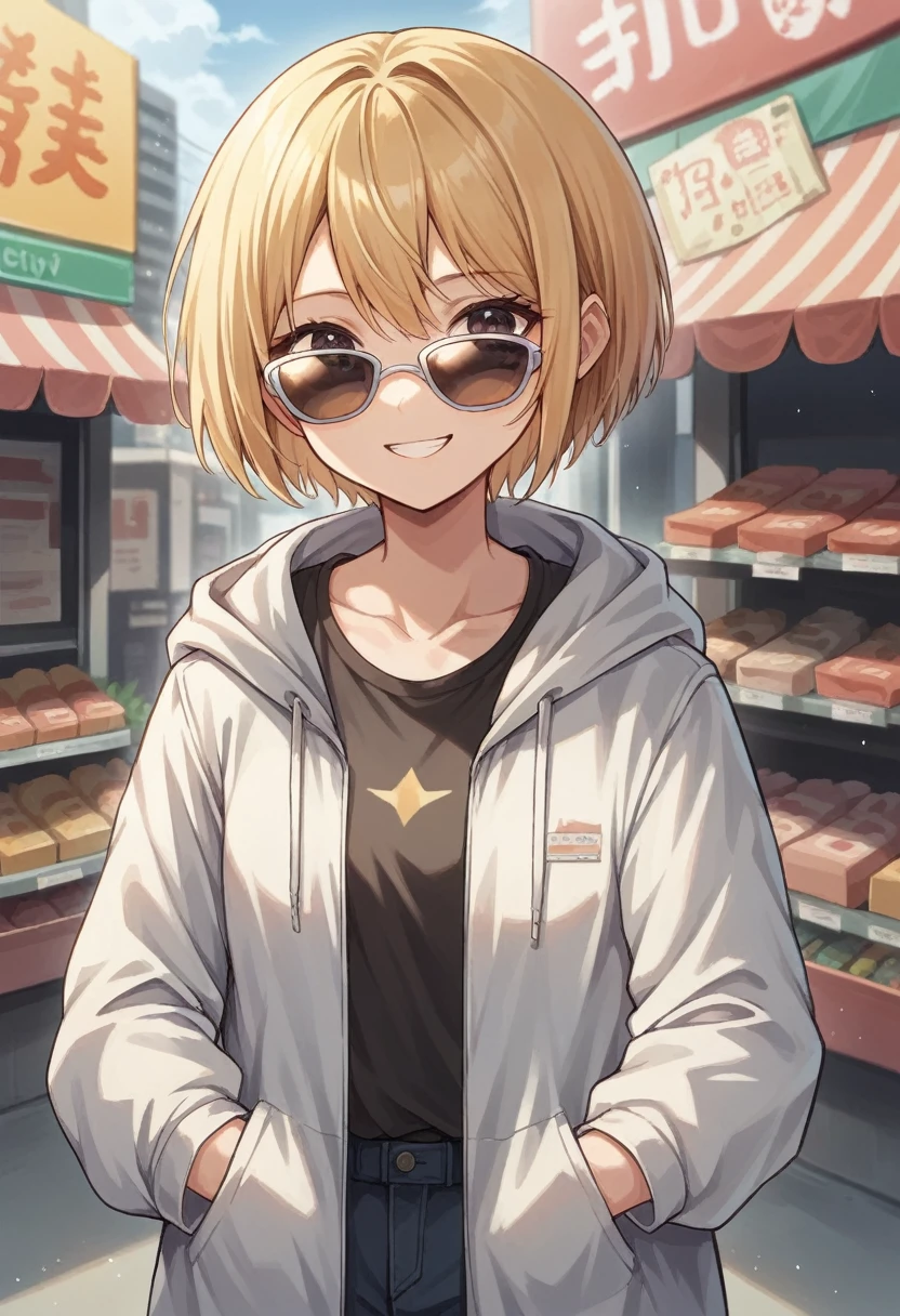 “A lively summer scene in a busy Japanese city. A cute Japanese woman with a short blonde bob haircut is wearing stylish sunglasses, a white jacket, and a black top. She is happily posing for the camera with a bright smile. The background features vibrant city elements like billboards, shops, and pedestrians enjoying the sunny day.”