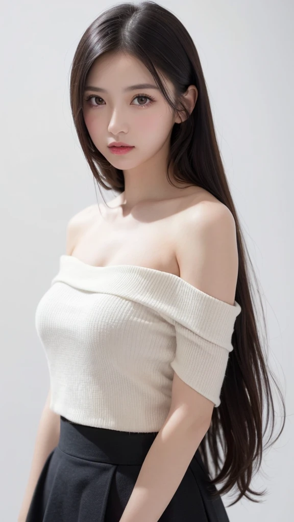 (((forehead、Northern Europe、White people、beautiful girl、Black Hair、White background、Tank top、Off-the-shoulder blouse、mini skirt、long hair)))、table top, highest quality, figure, super detailed, finely, High resolution, 8k wallpaper, Perfect dynamic composition, detailed and beautiful eyes, Deco out,bionde, super big breasts, Natural color lip,white background, random cute poses,