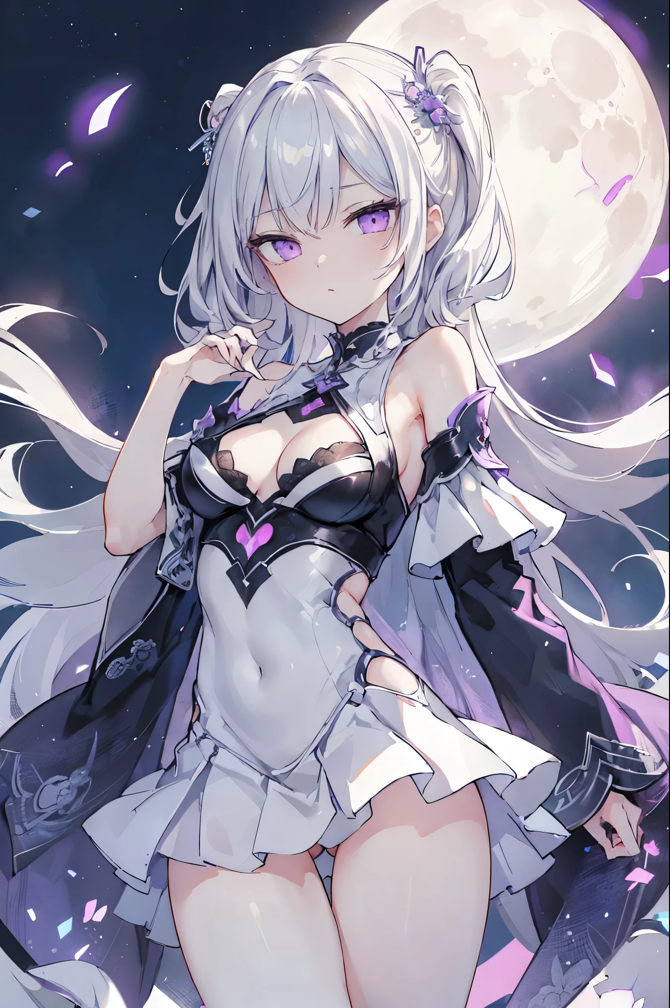 1girl, アニメ, cute girl, blank background, white background, fantasy, detailed fantasy dress with highlights, beautiful face, beautiful eyes, dark colors, black hair with multicolor streaks, red eye with different color pupil in eye, multicolor eye, medium breasts, slight cleavage, beautiful skin, cute, breast curtains, extremely delicate and beautiful, (beautiful detailed face:1.0), (detailed deep eyes), symmetrical breasts, deep eyes, shiny skin, portrait, slender waist, hips wider than shoulders, thighs, expressionless, young girl, luminous eyes, adorable，（Kpop idol）,（aegyo sal：1），（Platinum blonde hair：1），（（puffy eye）），Black panty，sexy posture，Superskirt, Ultra-high resolution，Black collar，slim figure, Abdominal y tattoo, womb tattoo，Tight-fitting leg ring，y tattoo on half-body，Bare skin, Armored hand，Hidden fingertips，Hand covered，Arm covered，Fist covered,{{beautiful detailed fingers}}, tufts of hair, moderate beautiful breast:1.0,(masterpiece:1.2), best quality, high-res, HDR, perfect face, intricate armor, delicate blue filigree, intricate filigree, red metalic parts, detailed part, dynamic pose, dynamic lights, cute face, neutral expression, shuimobysim, lotus, Hanfu, maxi skirt, dress conservatively 1girl, 独奏, long blue hair, standing, One lady,ars,((White hair) ,(Shiny purple bodysuit with microskirt),((Fantasy, Moon Night)), gradient_eyes,