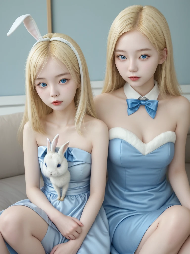 Korean blonde girl in blue dress next to a white rabbit