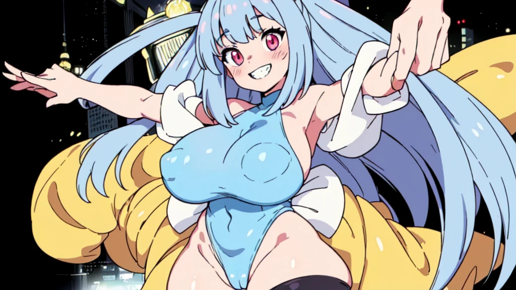 (( close、16K、Highest quality、Attention to detail、Rich skin detail, Browsing Caution))、 (Beautiful Eyes), ((Huge breasts、Armpits、))、 ((Grey leotard、Yellow jacket、Glossy dress、Black knee socks))))、(Pink eyes)、((Light blue hair、Blunt bangs、Long Hair、Straight hair)), ((blush))、(Wide Hips、Thick thighs)、((((smile、Jagged teeth、Embarrassing))))、((city))