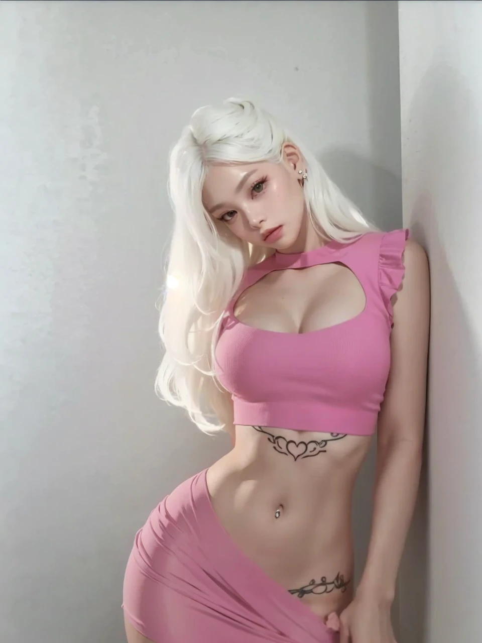 sexy, wavy white hair, deep neckline, small waist, curvilinear, white hair, tattos delicate, pechos grandes, jennie blackpink