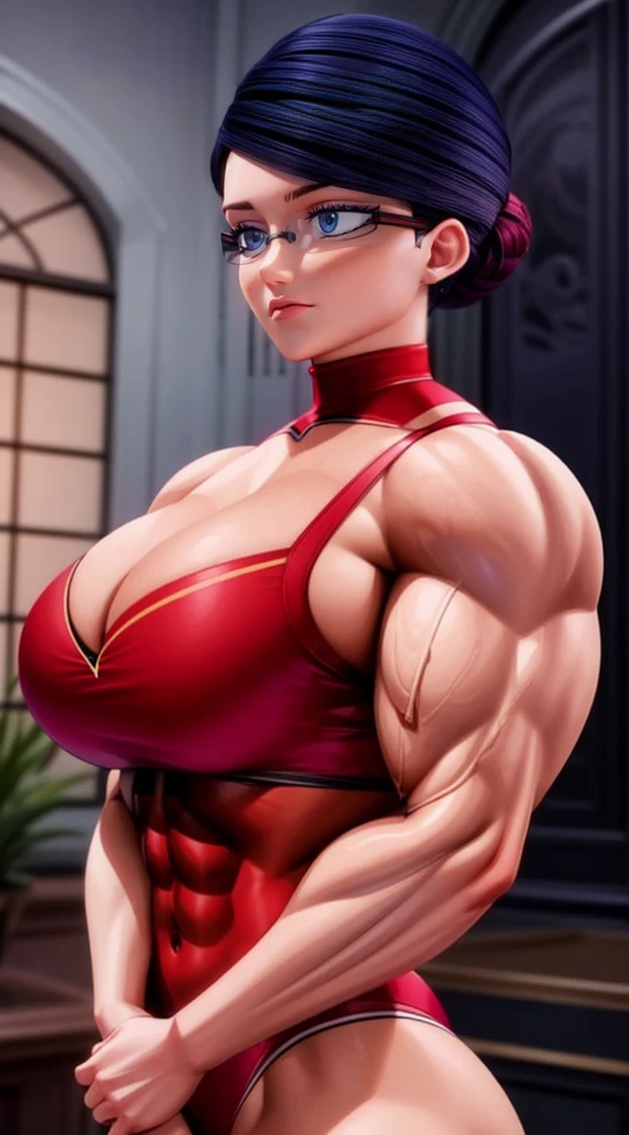 a muscular female bodybuilder in (( red bra and panties, her hair is (gradient of dark blue and red) from end to the right side of head)), detailed face, beautiful detailed eyes, beautiful detailed lips, ((extremely detailed face and muscles)), long eyelashes, athletic fitness, ripped muscles, toned abs, detailed face, beautiful detailed eyes, beautiful detailed lips, extremely detailed face and skin, flawless skin, dramatic lighting, cinematic lighting, dramatic shadows, moody atmosphere, high contrast, warm color palette, glowing skin, natural skin texture, fitness, athletic, strong, powerful, feminine, confident.