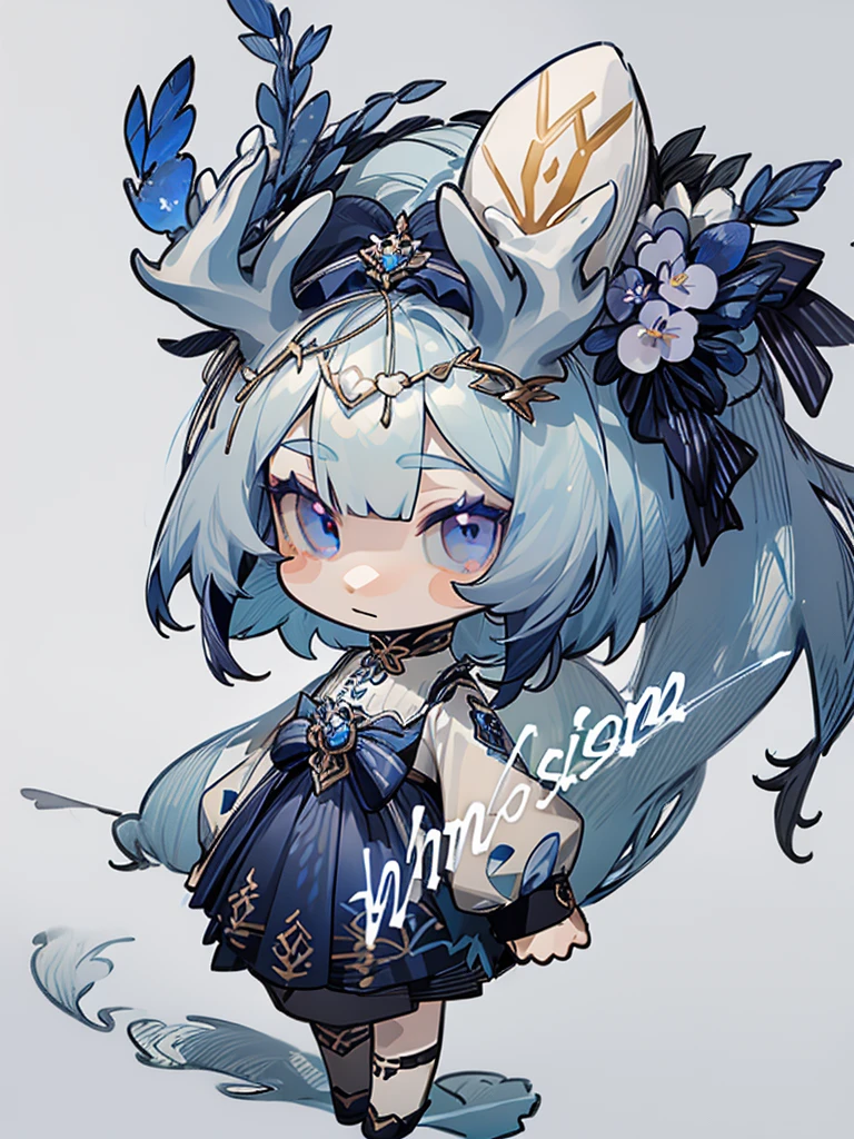 chibi, virtual youtuber model, front facing, full body, solo, masterpiece, best quality, extremely detailed, detailed background, detailed face, 1girl, pale skin, long blue hair, deer ears, white deer horns, white elegant dress, blue flower, good finger, perfect face, intricate details, mystical forest theme