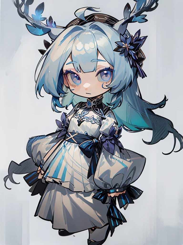 chibi, virtual youtuber model, front facing, full body, solo, masterpiece, best quality, extremely detailed, detailed background, detailed face, 1girl, pale skin, long blue hair, deer ears, white deer horns, white elegant dress, blue flower, good finger, perfect face, intricate details, mystical forest theme