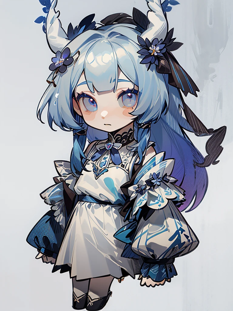 chibi, virtual youtuber model, front facing, full body, solo, masterpiece, best quality, extremely detailed, detailed background, detailed face, 1girl, pale skin, long blue hair, deer ears, white deer horns, white elegant dress, blue flower, good finger, perfect face, intricate details, mystical forest theme