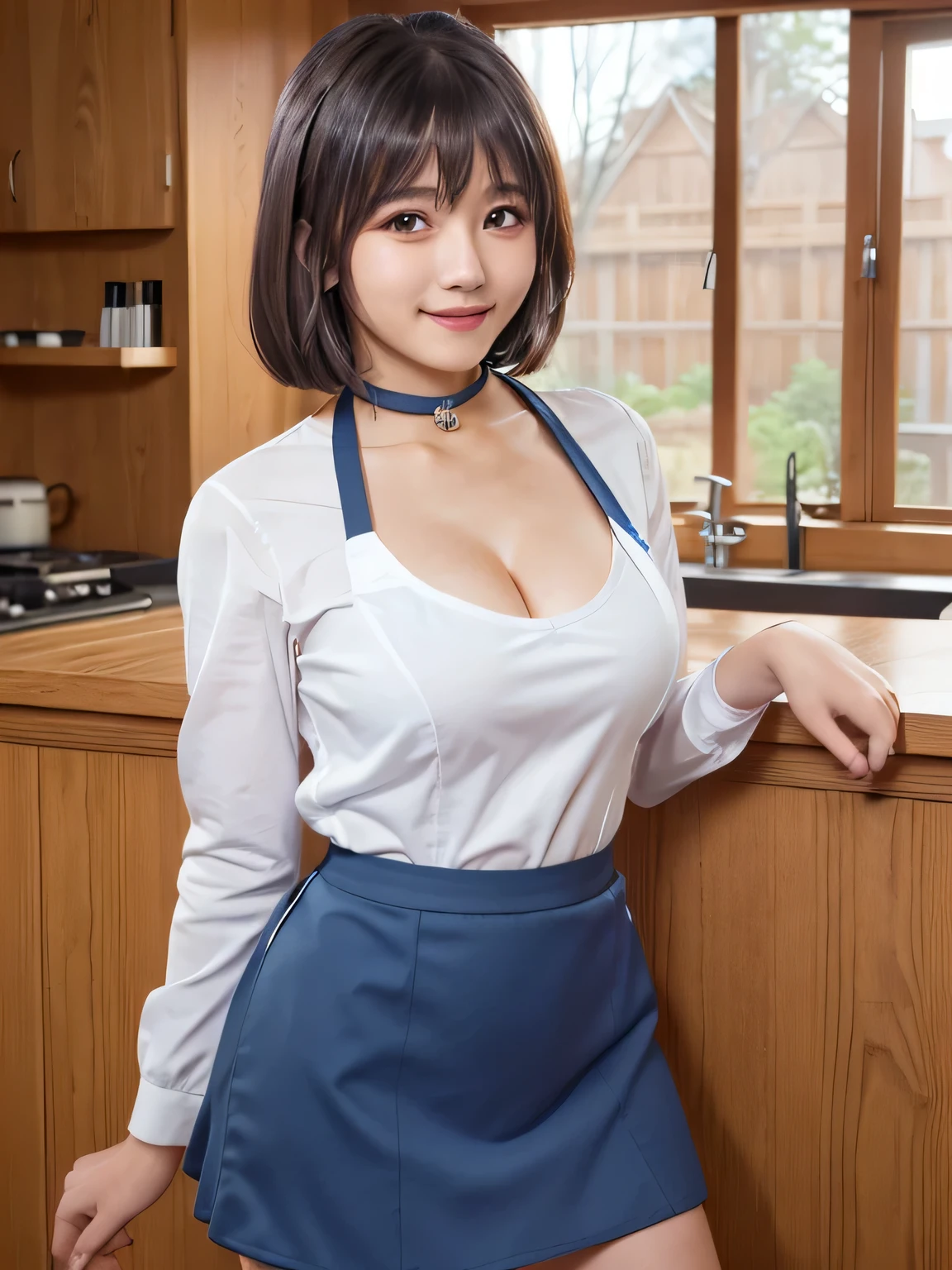 (Highest quality, masterpiece:1.3, Ultra-high resolution), (Very detailed), (Realistic:1.4, RAW shooting), ((Dark blue apron:1.2)), ((Slim body，Slim face)), girl, Japanese, cute, Straight Hair, ((Big Breasts)), (View from the front:1.1), Looking into the camera, Light brown hair, ((Black choker)), Very long and bushy eyelashes, blue eyes, bangs、 ((smile)), ((mini skirt)), 