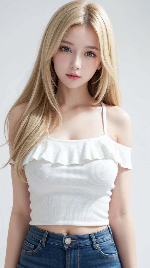 (((forehead、White Blonde Hair、Northern Europe、White people、beautiful girl、Blonde、White background、Tank top、Off-the-shoulder blouse、mini skirt、long hair)))、table top, highest quality, figure, super detailed, finely, High resolution, 8k wallpaper, Perfect dynamic composition, detailed and beautiful eyes, Deco out,bionde, medium hair, super big breasts, Natural color lip,white background, random cute poses,frill dress