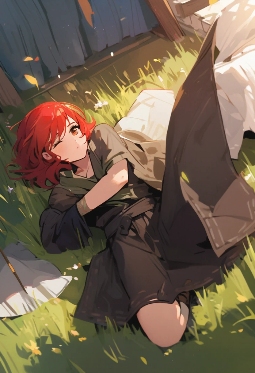 master part,realisitic,best qualityer, ultra detali, stunning illustration, mixes 2d with anime, a young bard, It could, is sleeping on the grass, a lute on your left side, dynamic position, Broad vision, bard clothes, dramatic light effect, short red hair, brown dark eyes, Caucasian skin, similar appearance to Kvothe from The Name of the Wind, male character