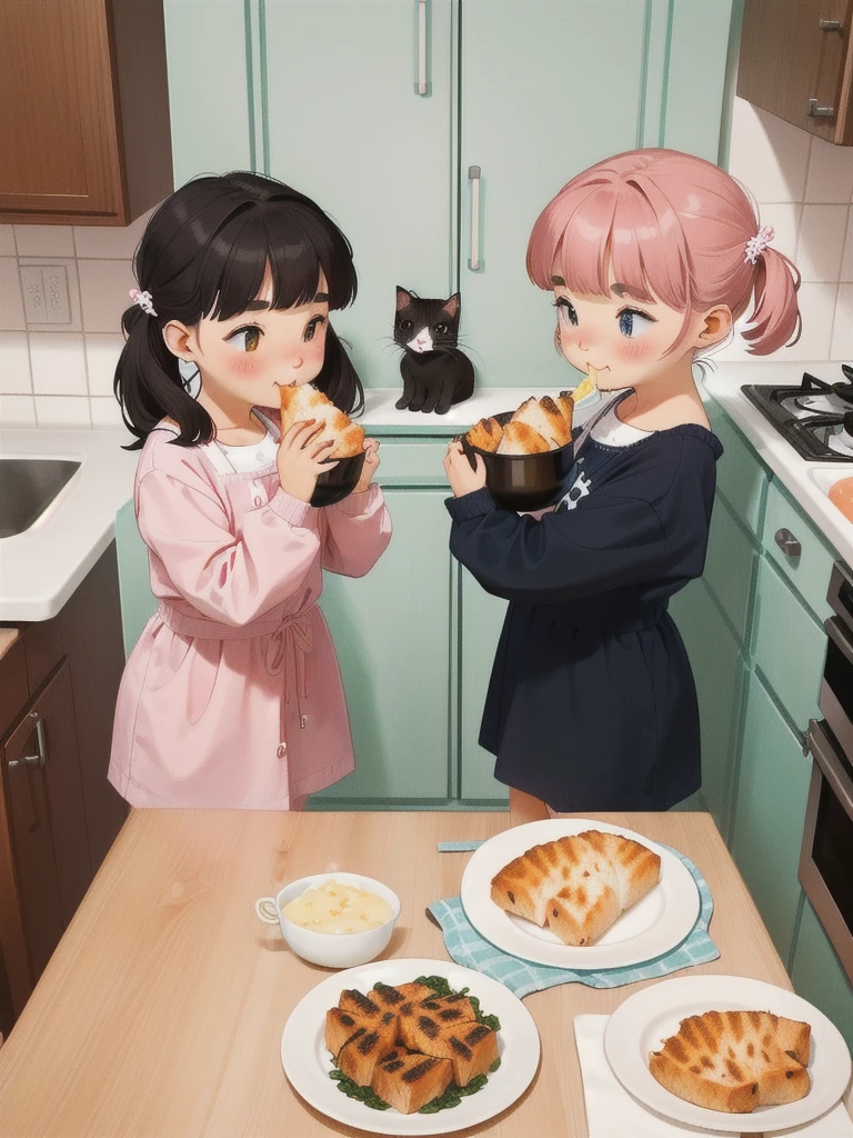 nobody，Two cute kittens，In the kitchen，Eating delicious food，Children&#39;s illustrations，This illustration is a 4K high-definition illustration，Rich facial features，Cartoon Style，cartoon animals，In the kitchen的猫