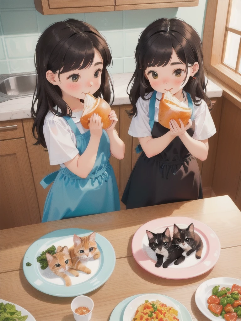 nobody，Two cute kittens，In the kitchen，Eating delicious food，Children&#39;s illustrations，This illustration is a 4K high-definition illustration，Rich facial features，Cartoon Style，cartoon animals，In the kitchen的猫