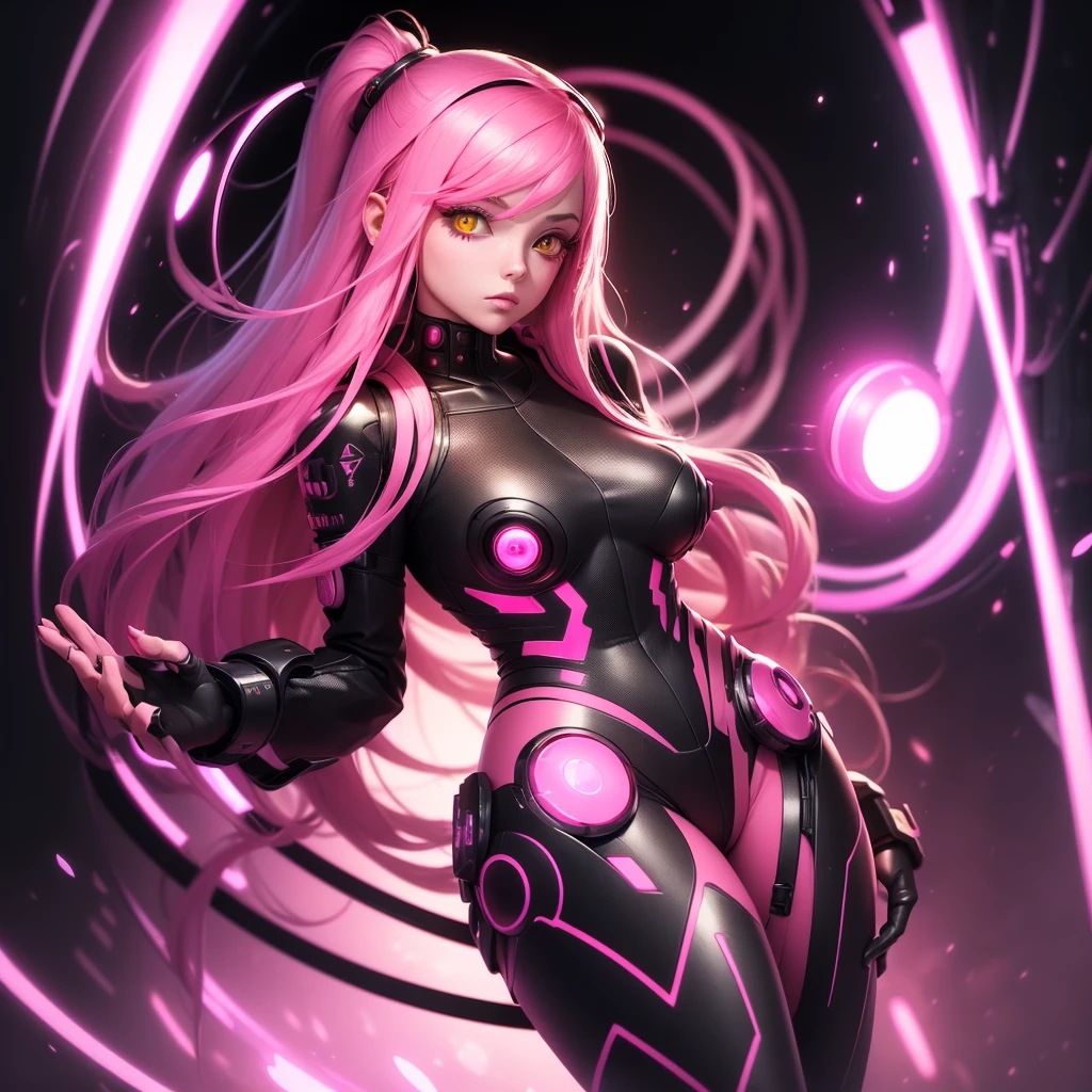 Lonely Android Girl with long pink hair in a pink suit with small yellow elements woman half cyborg modification Beautiful sexy with bright yellow eyes stands in full height with a half turn sideways Anime Style black background Cyberpunk style, Robot Girl, black background image of night black city and pink neon lights
