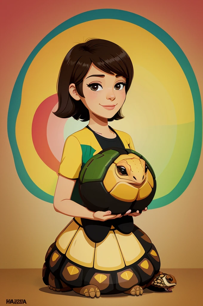 create cartoon animations, happy  short haired girl  holding up a brazilian tortoise using vector colors