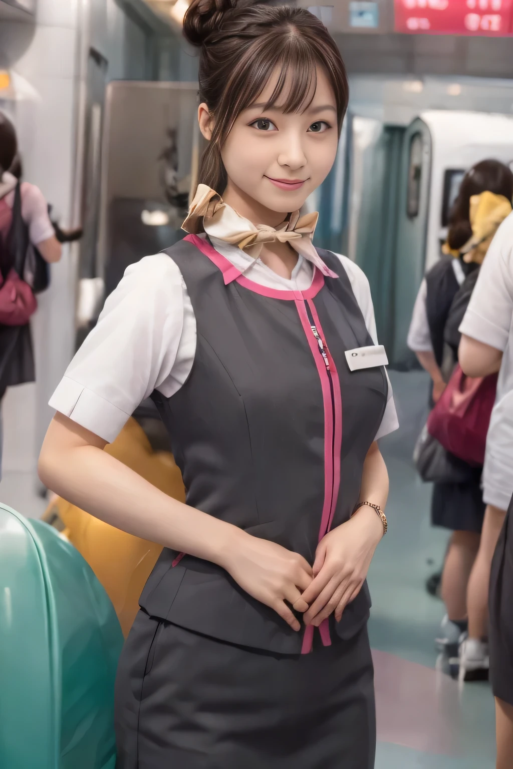 (masterpiece:1.2, Highest quality:1.2), 32k HDR, High resolution, (alone、One girl)、（Ride the bullet train、Professional Lighting）、Background in the car、（Realistic style of JR Gran Class crew uniform）、Short sleeve blouse、a scarf around the neck、（JR Gran Class flight attendant uniform with pink parts on the skirt sleeves）、（The uniform of a flight attendant in JR Gran Class has a pink line on the front zipper of the vest.）、Dark brown hair、（Hair tied up、Hair Bun、Hair Bun）、Dark brown hair、Long Shot、Big Breasts、（（Great hands：2.0）），（（Harmonious body proportions：1.5）），（（Normal limbs：2.0）），（（Normal finger：2.0）），（（Delicate eyes：2.0）），（（Normal eyes：2.0））)、Luxury Necklace、smile、Beautiful standing posture,