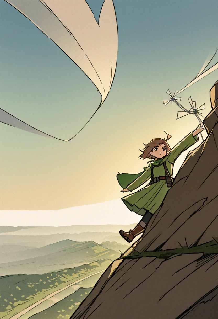 detailed illustration, dynamic angle, ultra-detailed, illustration, WindWakerStyle, 1girl, long brown hair, green clothes, goggles, glider, standing on cliff, windy, windmills