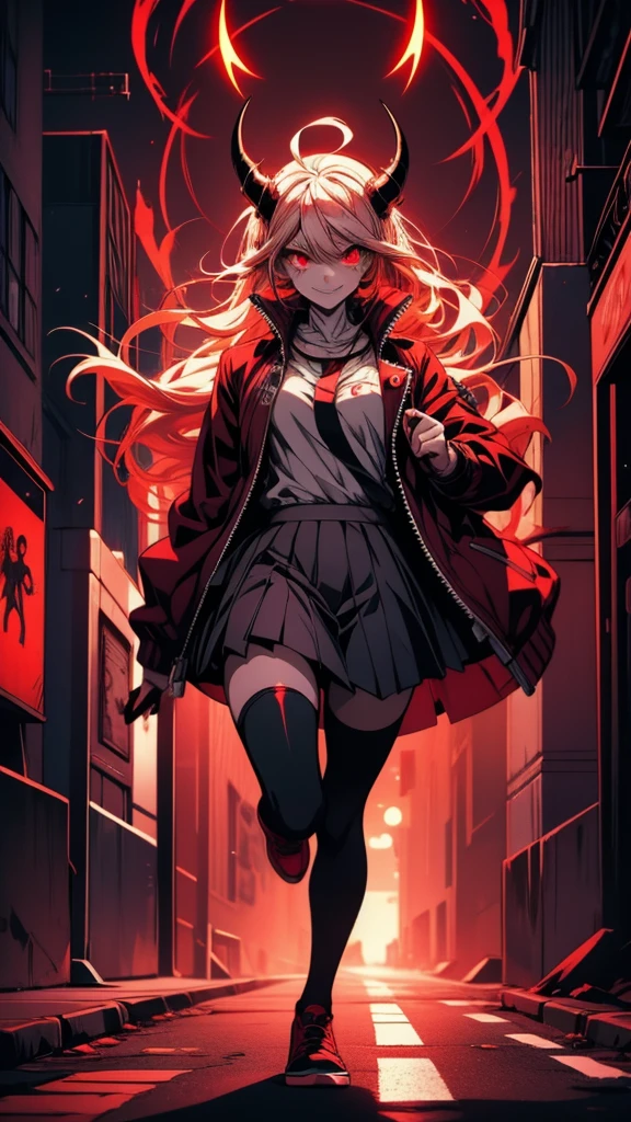 Anime girl with horns and glowing eyes running down the street, With glowing eyes, Wicked smile and glowing eyes, Devil Anime Girl, 赤くWith glowing eyes, Danganronpa digital art, Devil Girl, [[[[smile wickedly]]]], Red eyes glow, everyone, Spectacular anime style, Shining eyes everywhere, Devil Boy
