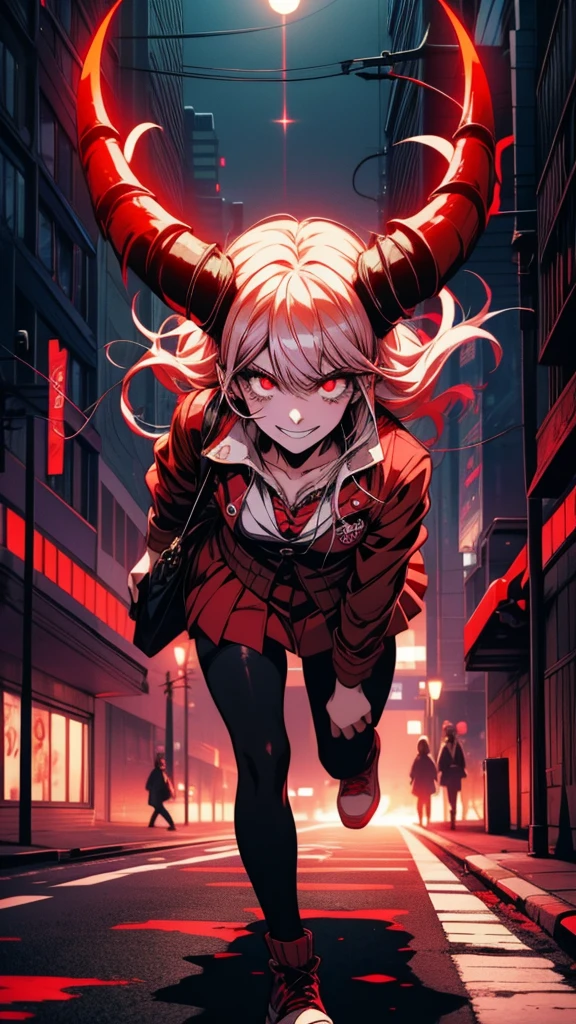 Anime girl with horns and glowing eyes running down the street, With glowing eyes, Wicked smile and glowing eyes, Devil Anime Girl, 赤くWith glowing eyes, Danganronpa digital art, Devil Girl, [[[[smile wickedly]]]], Red eyes glow, everyone, Spectacular anime style, Shining eyes everywhere, Devil Boy
