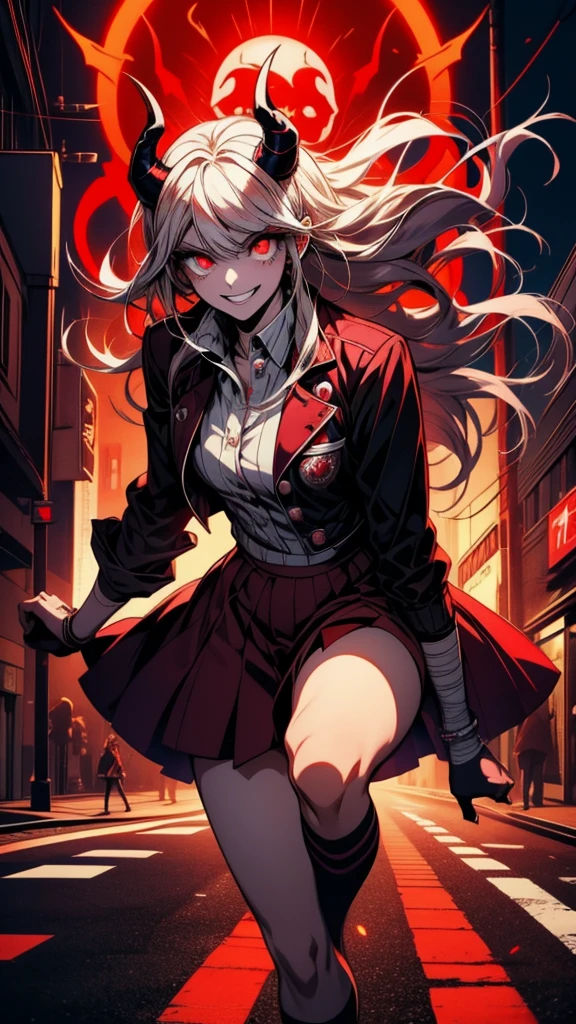 Anime girl with horns and glowing eyes running down the street, With glowing eyes, Wicked smile and glowing eyes, Devil Anime Girl, 赤くWith glowing eyes, Danganronpa digital art, Devil Girl, [[[[smile wickedly]]]], Red eyes glow, everyone, Spectacular anime style, Shining eyes everywhere, Devil Boy