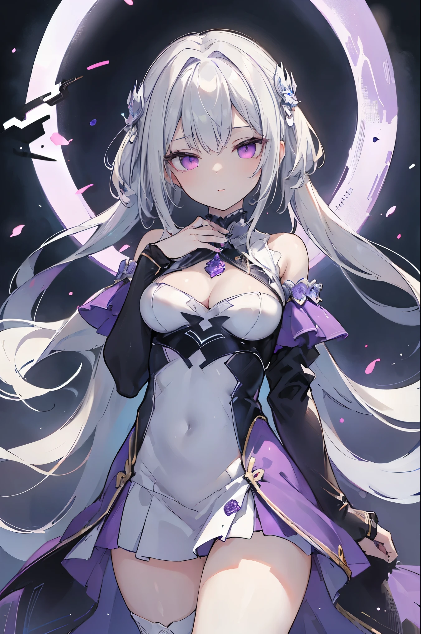 1girl, アニメ, cute girl, blank background, white background, fantasy, detailed fantasy dress with highlights, beautiful face, beautiful eyes, dark colors, black hair with multicolor streaks, red eye with different color pupil in eye, multicolor eye, medium breasts, slight cleavage, beautiful skin, cute, breast curtains, extremely delicate and beautiful, (beautiful detailed face:1.0), (detailed deep eyes), symmetrical breasts, deep eyes, shiny skin, portrait, slender waist, hips wider than shoulders, thighs, expressionless, young girl, luminous eyes, adorable，（Kpop idol）,（aegyo sal：1），（Platinum blonde hair：1），（（puffy eye）），Black panty，sexy posture，Superskirt, Ultra-high resolution，Black collar，slim figure, Abdominal y tattoo, womb tattoo，Tight-fitting leg ring，y tattoo on half-body，Bare skin, Armored hand，Hidden fingertips，Hand covered，Arm covered，Fist covered,{{beautiful detailed fingers}}, tufts of hair, moderate beautiful breast:1.0,(masterpiece:1.2), best quality, high-res, HDR, perfect face, intricate armor, delicate blue filigree, intricate filigree, red metalic parts, detailed part, dynamic pose, dynamic lights, cute face, neutral expression, shuimobysim, lotus, Hanfu, maxi skirt, dress conservatively 1girl, 独奏, long blue hair, standing, One lady,ars,((White hair) ,(Shiny purple bodysuit with microskirt),((Fantasy, Moon Night)), gradient_eyes,