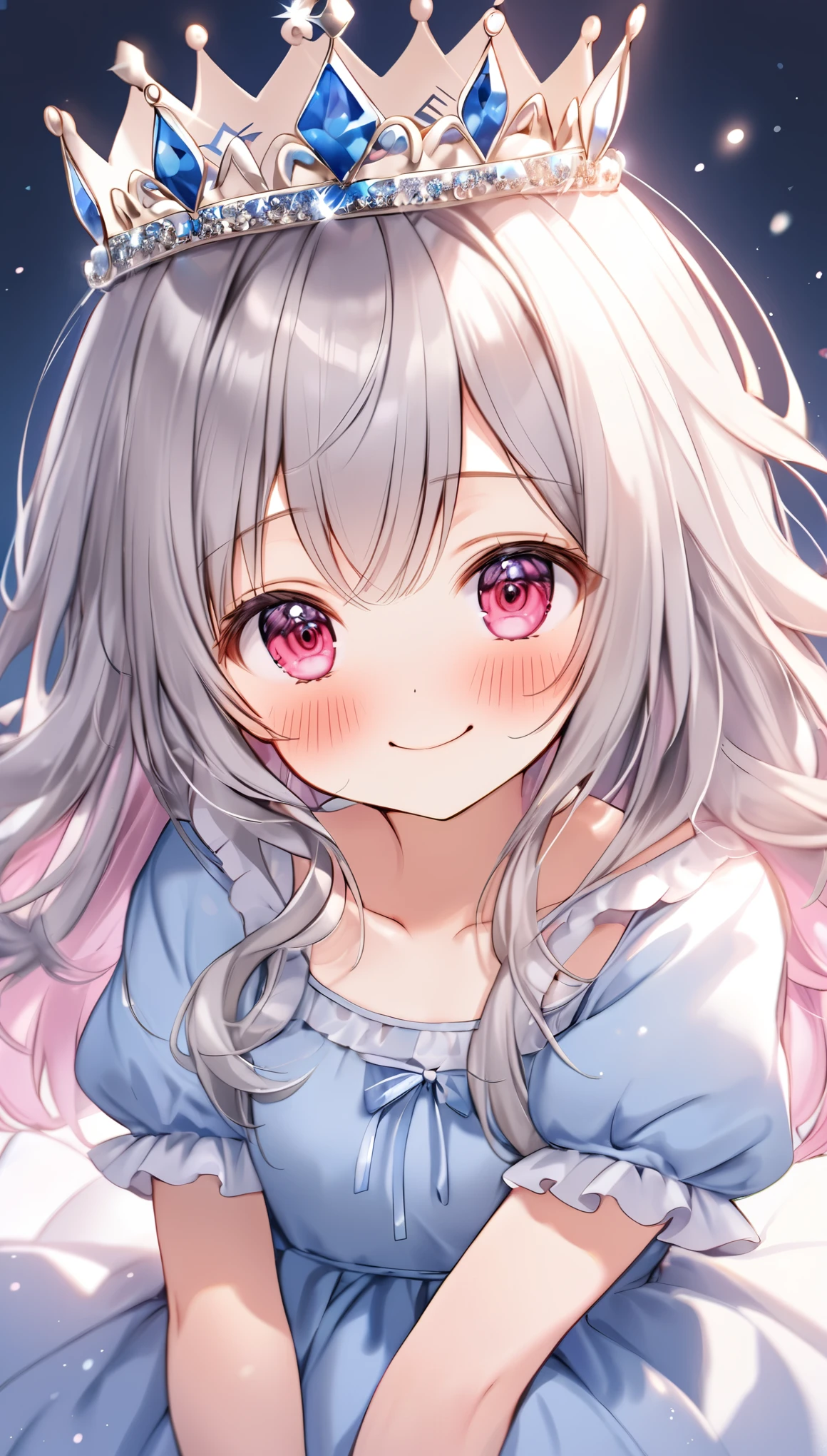 1girl, solo, long hair, looking at viewer, blush, smile, bangs, red eyes, dress, closed mouth, collarbone, short sleeves, grey hair, frills, puffy sleeves, pink eyes, puffy short sleeves, blue dress, frilled dress, tiara, aged down, crown, , v arms
