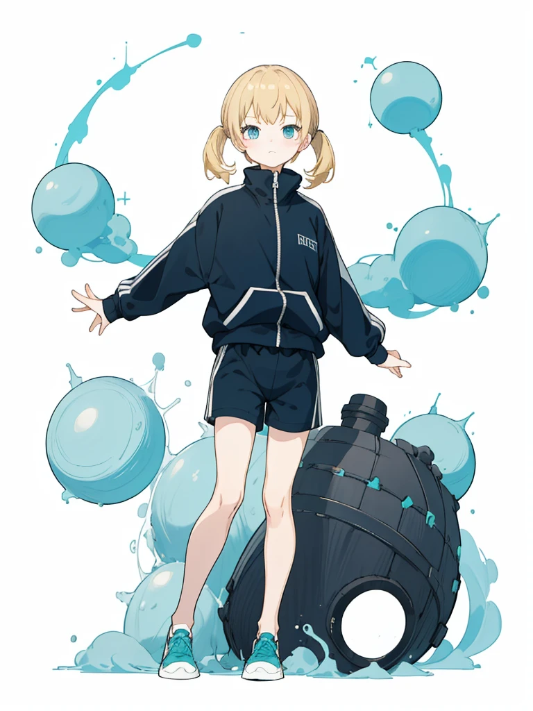 Black shorts、Turquoise Eyes、whole body、Navy blue tracksuit、Black shorts、Dynamic Napause、Blonde Hair、Girl's Room、Navy blue tracksuit、Blonde Hair、Shortcuts、Side hair is curled inward、Curly hair along the jawline、Navy blue jersey_White line with thin yellow border from shoulder to wrist、Black shorts、