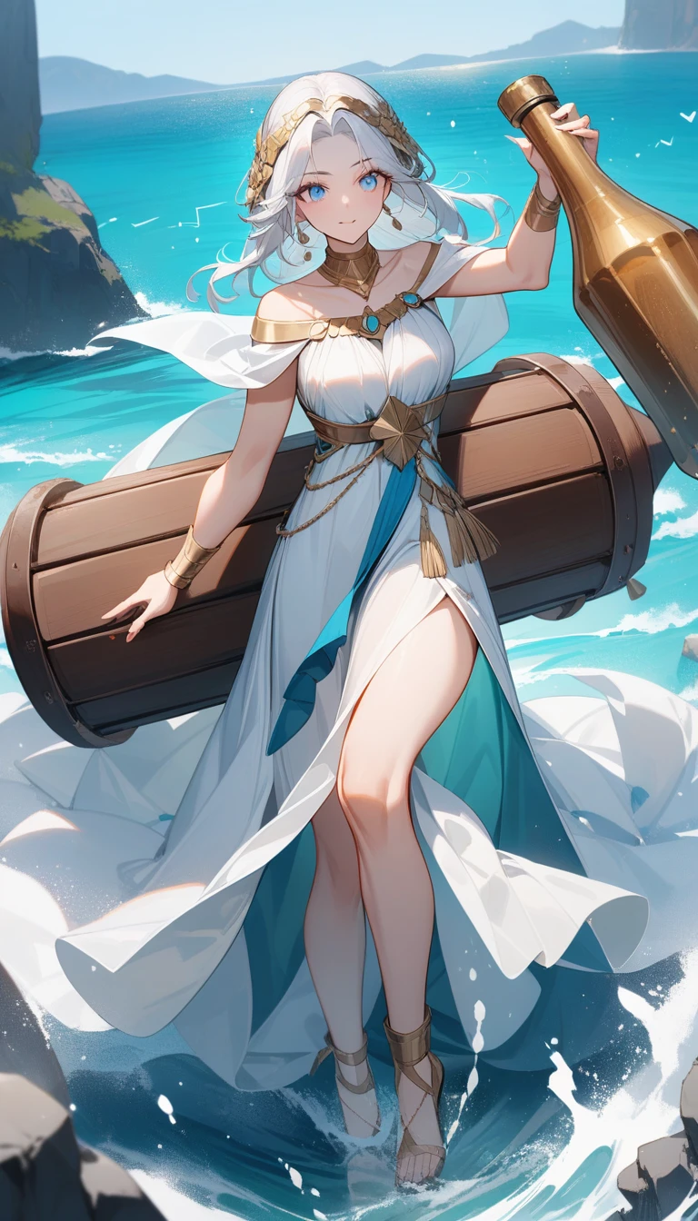 （Huang Li、high quality、Extremely detailed），Constellation - Aquarius Goddess，Giant drifting bottle，Woman holding a drift bottle，Similar to Latin goodness，brave，capricious，Productivity，The face of enterprising and humanitarianism，White hair，Ancient Greek costumes、Wrap Dress，The background is the ocean，Light crystal blue eyes（Eyes Details），Powerful appearance